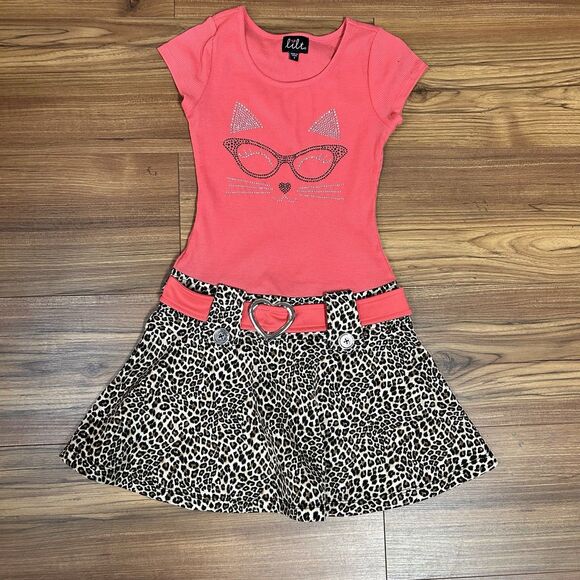 Lilt Other - Lilt Girls Dress Size 7 Pink Cat Face Rhinestone Leopard Skirt Cute Outfit